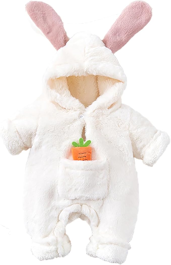Baby Bunny Hooded Fleece Jumpsuit – Soft Winter Romper Snowsuit for Newborn Boys & Girls – Warm & Cosy Outfit