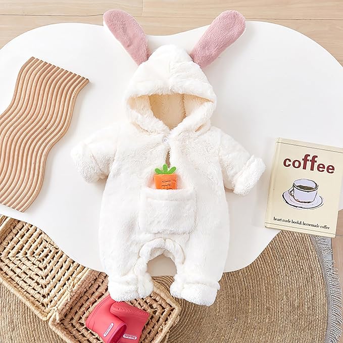 Baby Bunny Hooded Fleece Jumpsuit – Soft Winter Romper Snowsuit for Newborn Boys & Girls – Warm & Cosy Outfit