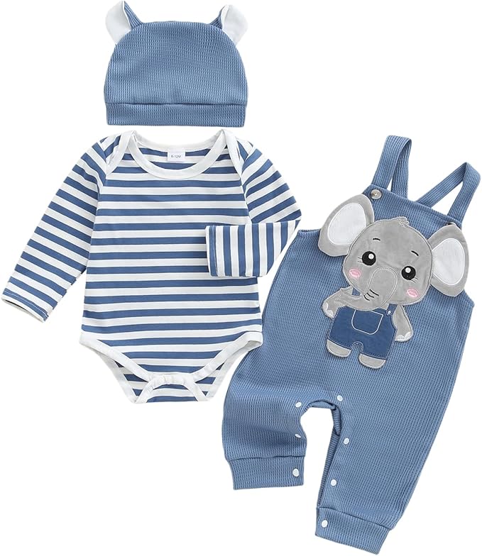 Newborn Baby Boy 3-Piece Outfit Set – Long Sleeve Striped Romper with Animal Embroidery, Overalls & Hat – Soft Cotton Baby Clothes