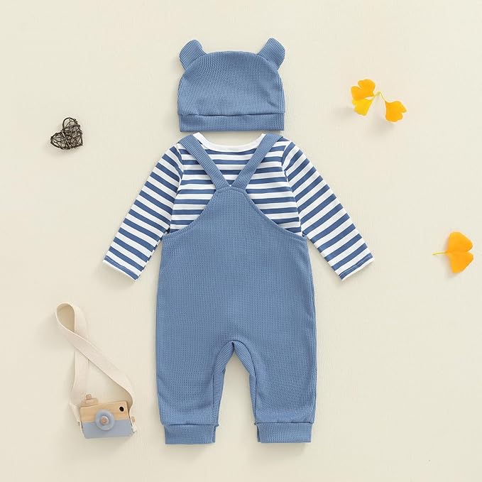 Newborn Baby Boy 3-Piece Outfit Set – Long Sleeve Striped Romper with Animal Embroidery, Overalls & Hat – Soft Cotton Baby Clothes
