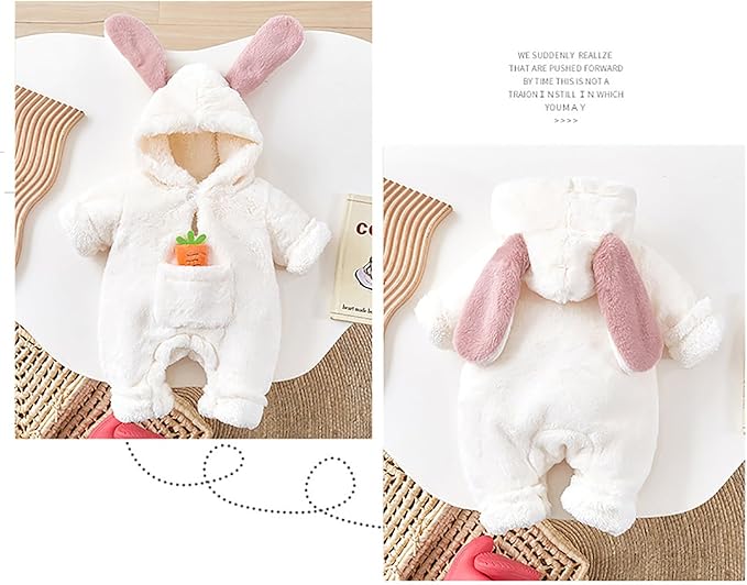 Baby Bunny Hooded Fleece Jumpsuit – Soft Winter Romper Snowsuit for Newborn Boys & Girls – Warm & Cosy Outfit
