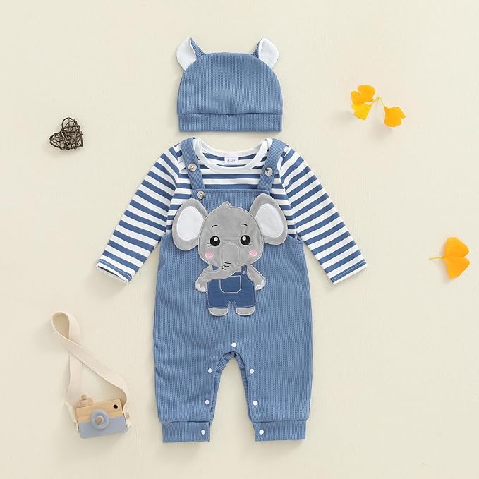 Newborn Baby Boy 3-Piece Outfit Set – Long Sleeve Striped Romper with Animal Embroidery, Overalls & Hat – Soft Cotton Baby Clothes