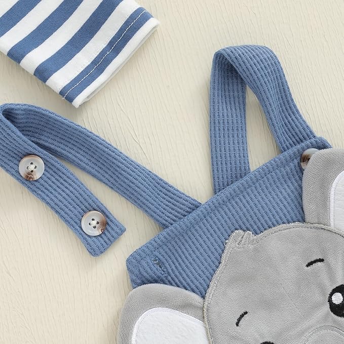 Newborn Baby Boy 3-Piece Outfit Set – Long Sleeve Striped Romper with Animal Embroidery, Overalls & Hat – Soft Cotton Baby Clothes